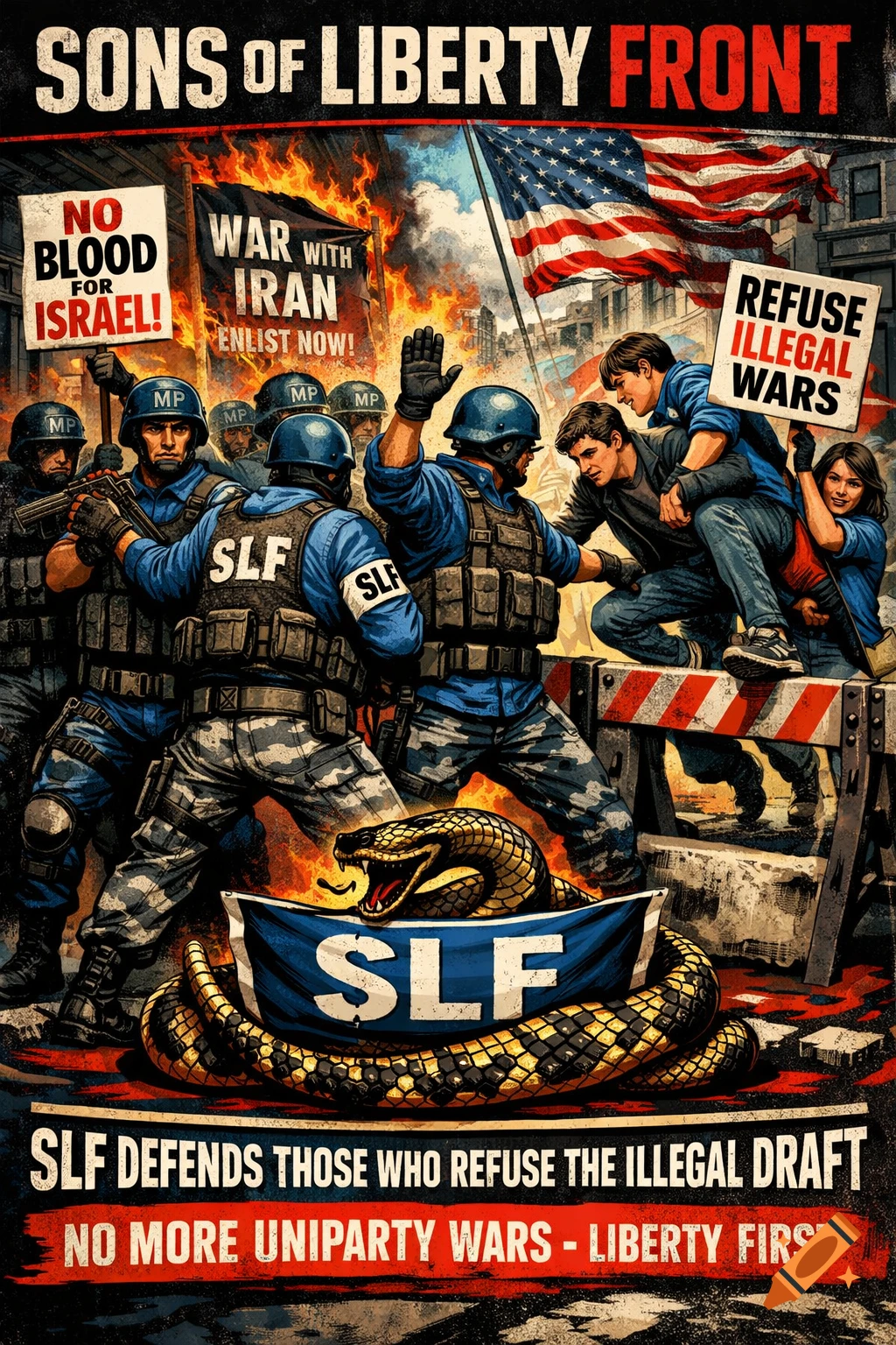 Highly detailed propaganda poster of Sons of Liberty Front soldiers blocking military police from pursuing protestors, with a Gadsden snake and political slogans.
