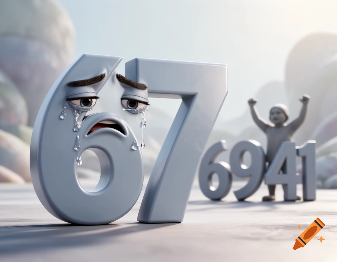 Crying 3D rendered numbers 67 in the foreground, with numbers 6941 and a small figure in the blurry background.