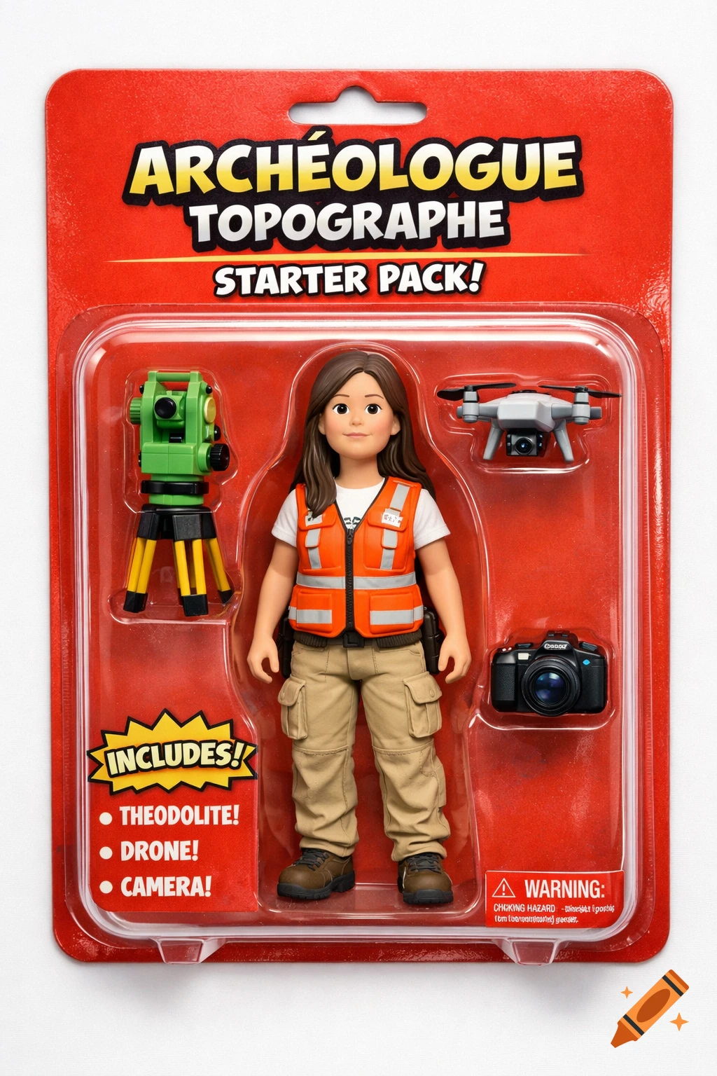 A humorous cartoon-style action figure for an Archeologist Surveyor in blister packaging. The red card reads "ARCHÉOLOGUE TOPOGRAPHE STARTER PACK!" with accessories: a theodolite, drone, and camera.