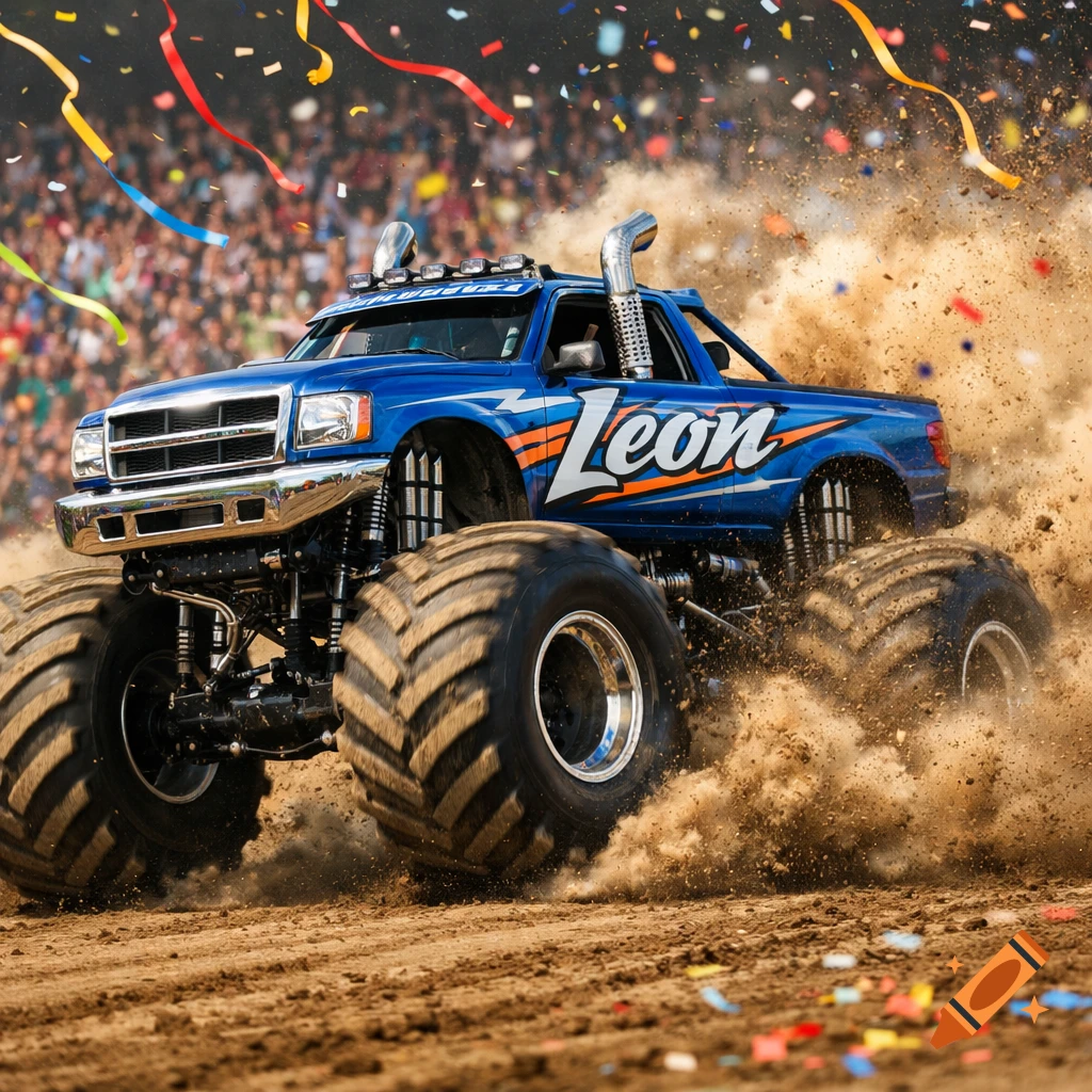 A blue monster truck with "Leon" painted on the side kicks up dirt and confetti at a race, with a crowd in the background.