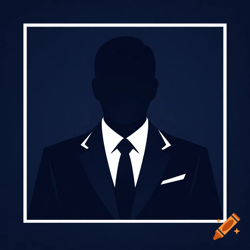 Minimalist flat design avatar icon of a faceless professional silhouette in a dark navy suit against a deep navy background.