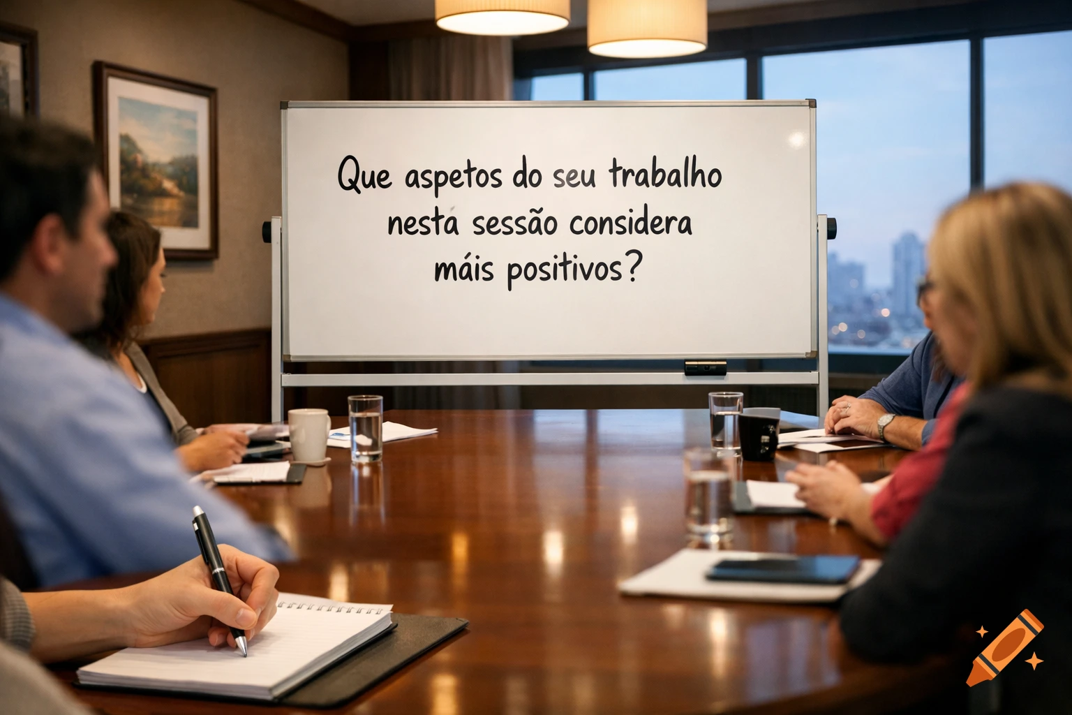 People in a professional meeting look at a whiteboard asking 'Que aspetos do seu trabalho nesta sessão considera mais positivos?'