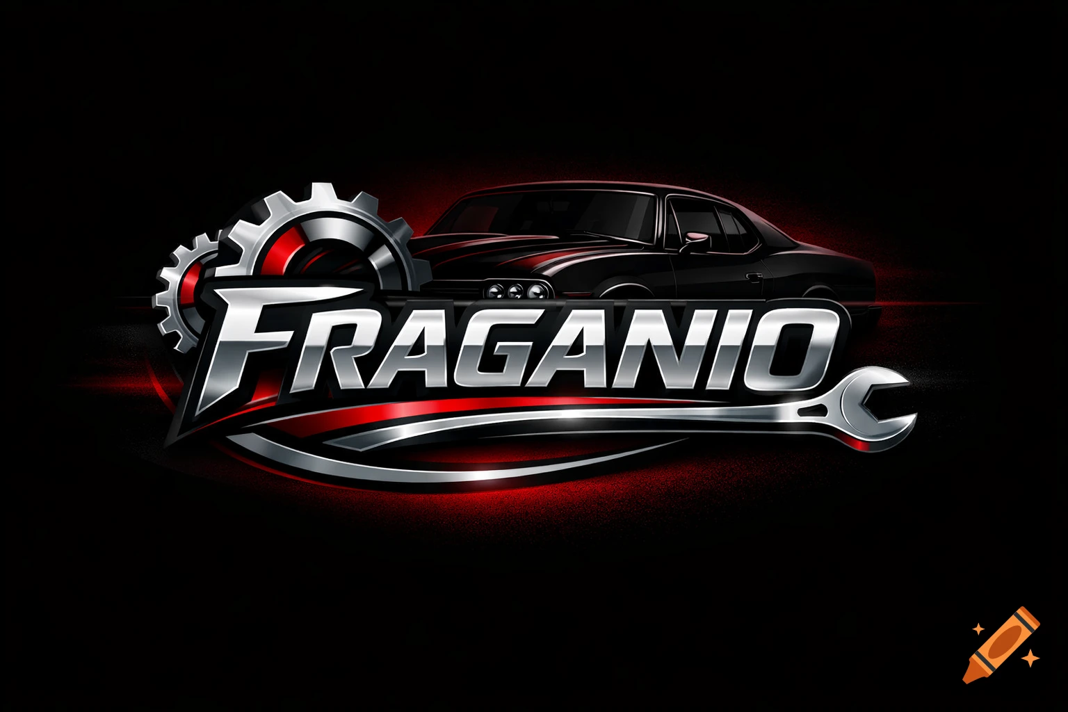 Bold automotive logo with metallic 'FRAGANIO' text, a muscle car, gear, and wrench on a black and red background.