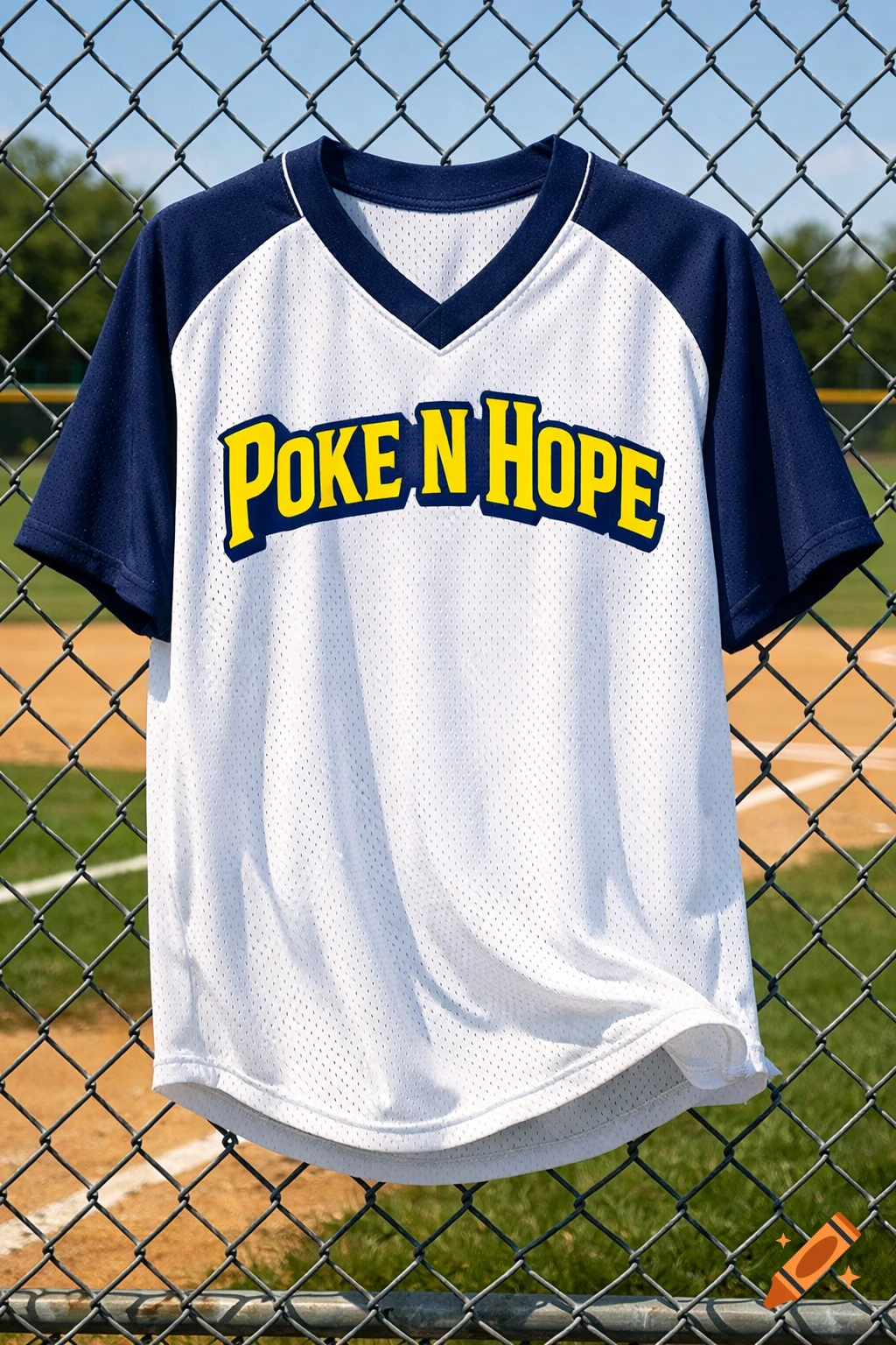 A white and navy baseball jersey with 'POKE N HOPE' across the chest hangs on a chain-link fence at a sunny baseball field.