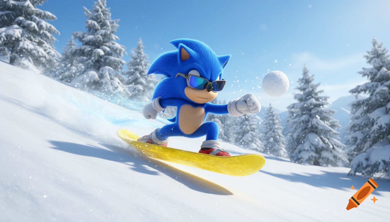 Sonic the Hedgehog wearing sunglasses, snowboarding down a snowy slope, with a snowball in the air, in a 3D animated style.