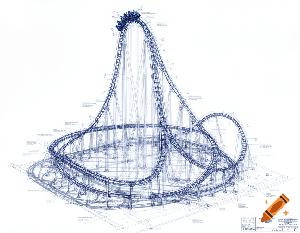 Detailed blueprint of a complex rollercoaster with a car at the top of a drop, rendered in blue lines on white.