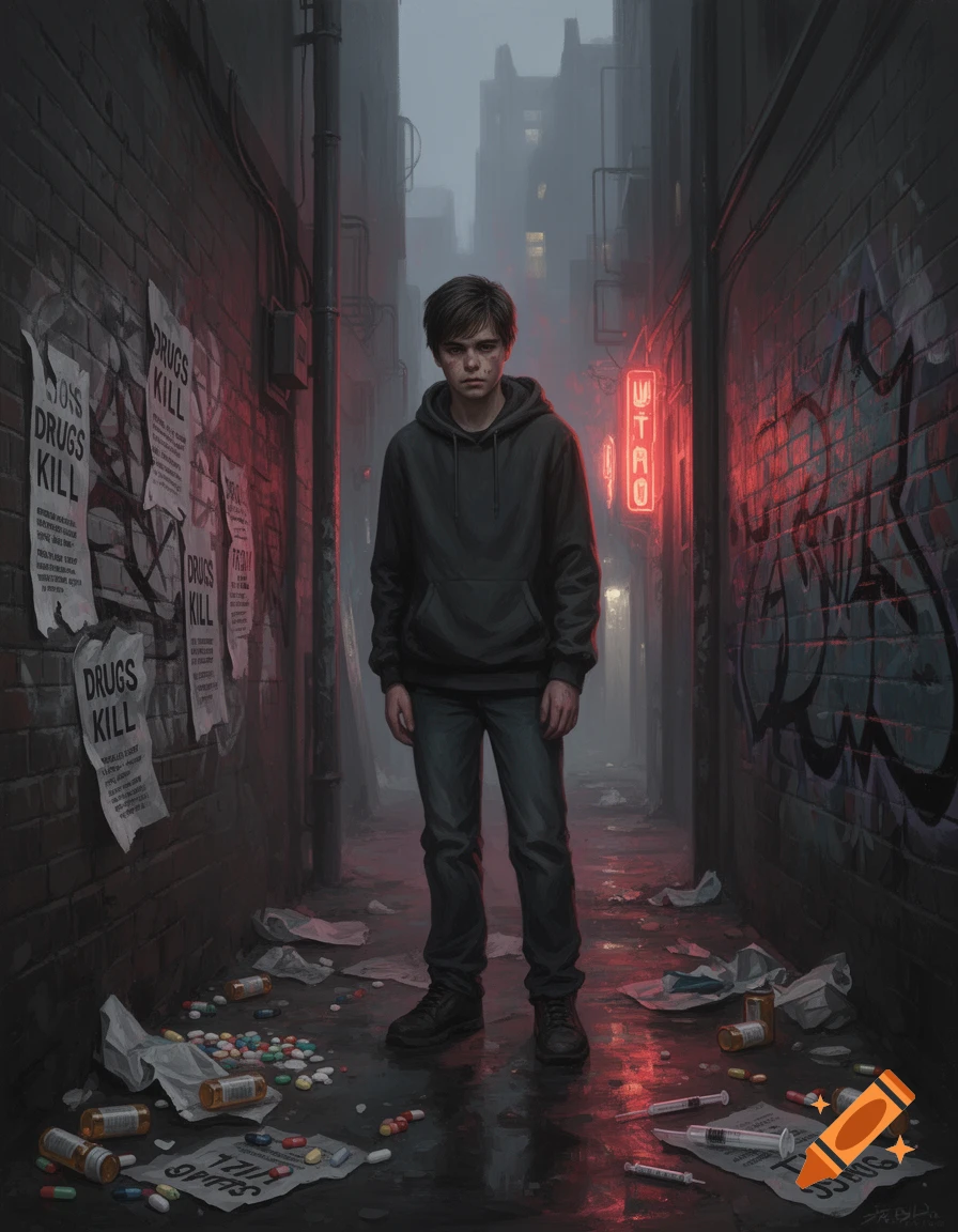 A somber teenager stands in a dark, grimy alley with drug paraphernalia and 'DRUGS KILL' posters, illuminated by red neon light, in a photorealistic style.