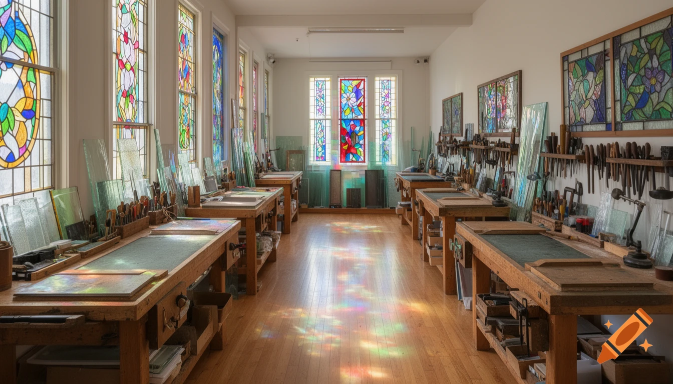 A bright, long stained glass workshop with wooden workbenches, tools, and colorful stained glass windows casting light on the floor.