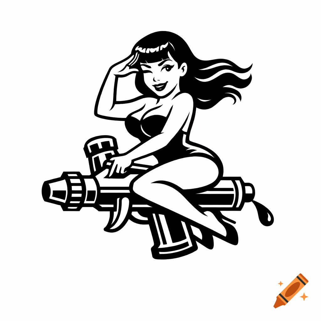 Black-and-white vector art of a retro pin-up girl in a swimsuit, winking and saluting while riding a large paint gun.