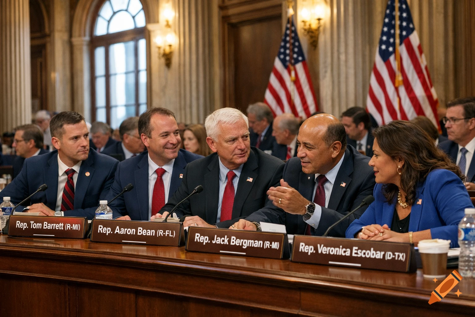 Five politicians, four men and one woman, are seated at a long table with name tags and microphones in a formal room with American flags.