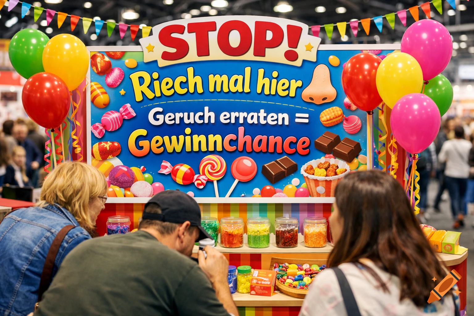 People at a vibrant fair game stall featuring a 'smell guessing' sign with candy illustrations, colorful balloons, and jars of sweets.