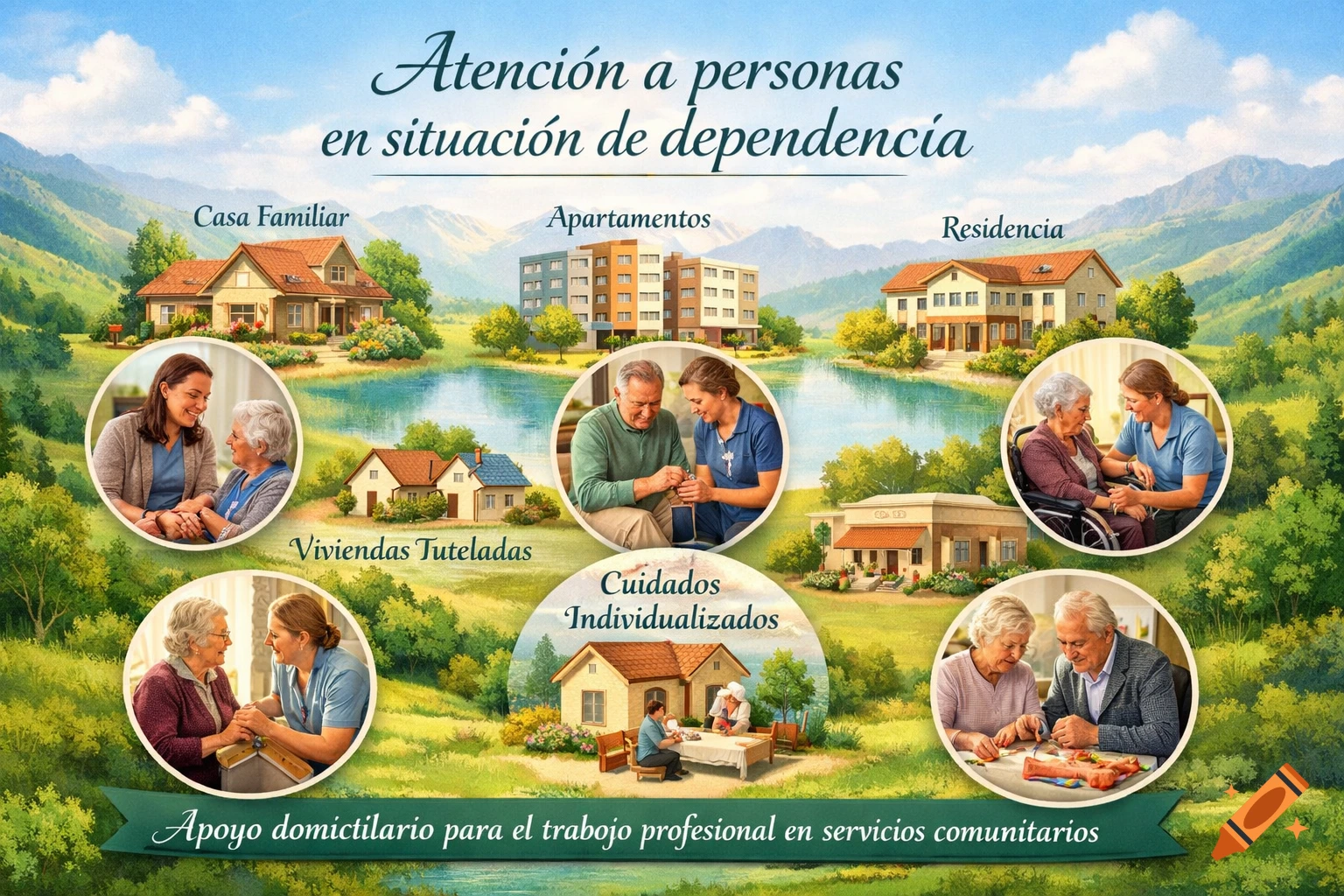 An infographic showing different types of care and housing for dependent people, including family homes, apartments, residences, and individualized care, with illustrative scenes of caregivers and elderly individuals in various settings.
