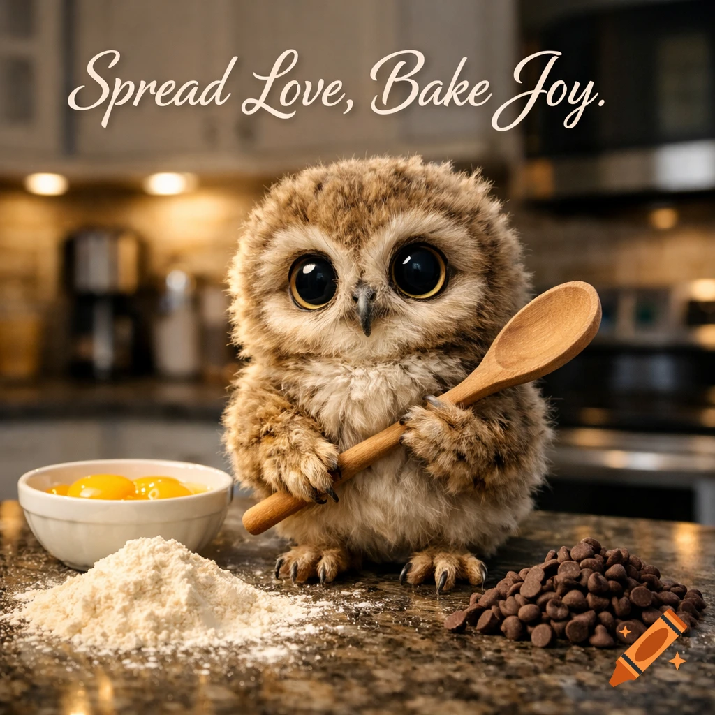 A fluffy baby owl holding a wooden spoon, standing on a kitchen counter with flour, egg yolks, and chocolate chips. Text reads 'Spread Love, Bake Joy.'