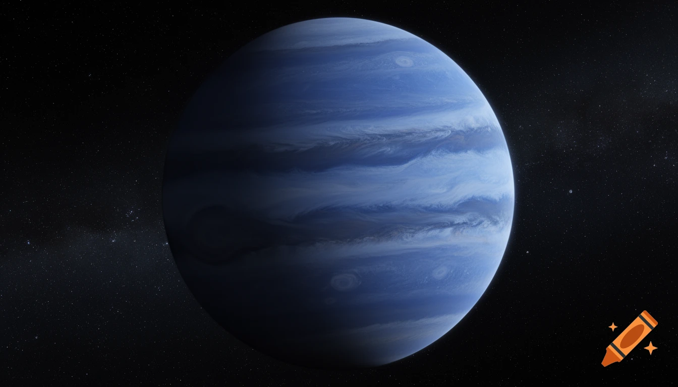 A gas giant planet, resembling Neptune, with swirling bands of blue and white clouds set against a dark, star-filled space.