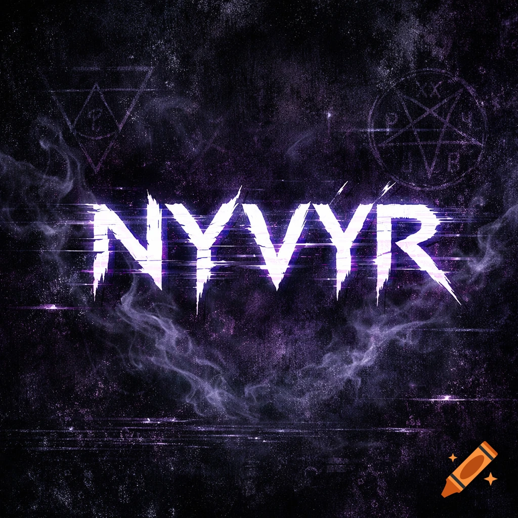 Dark purple, gritty album cover with glitched white text 'NYVYR' and faint geometric symbols.