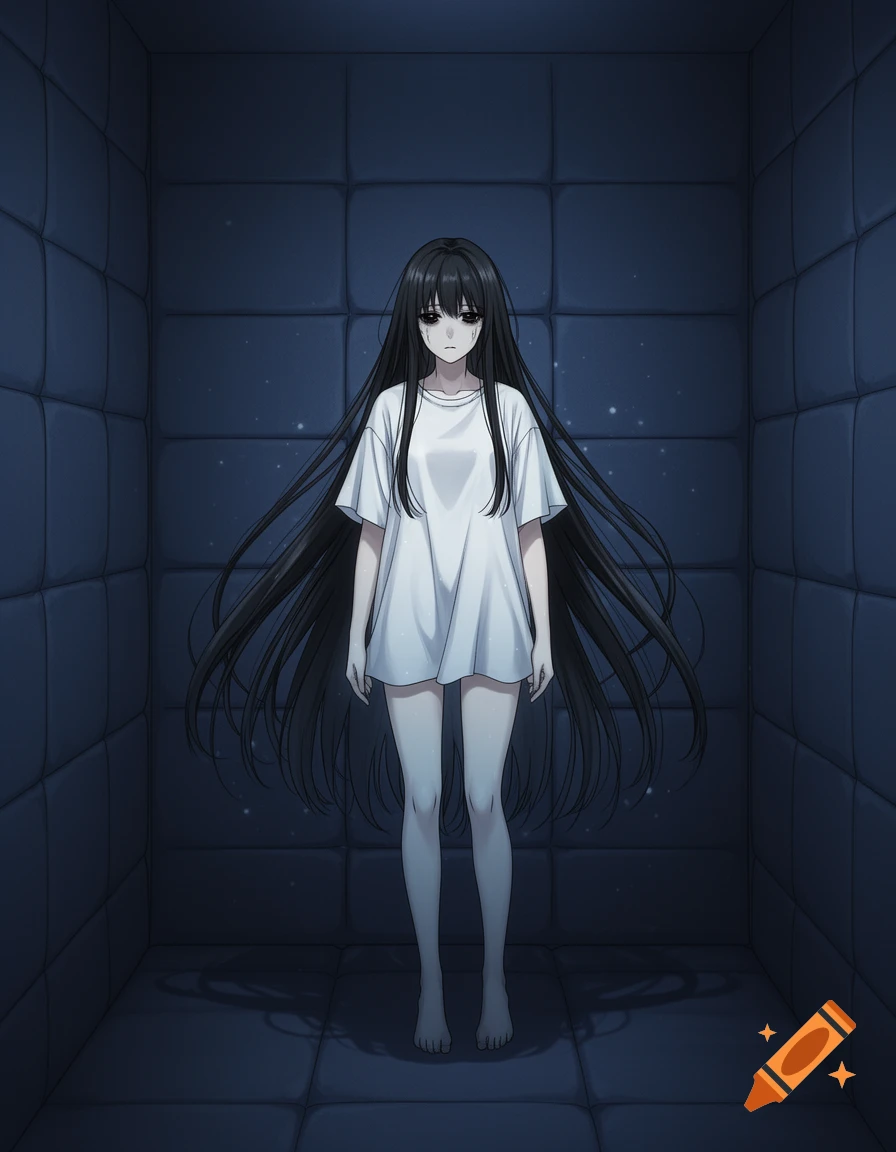 An eerie anime illustration of a Japanese ghost woman with long black hair, dark eyes, standing distressed in a dark blue padded room.