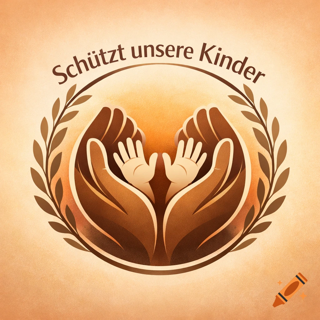 A logo with large brown hands cupping small child hands, encircled by a wreath and text "Schützt unsere Kinder" on an orange background.
