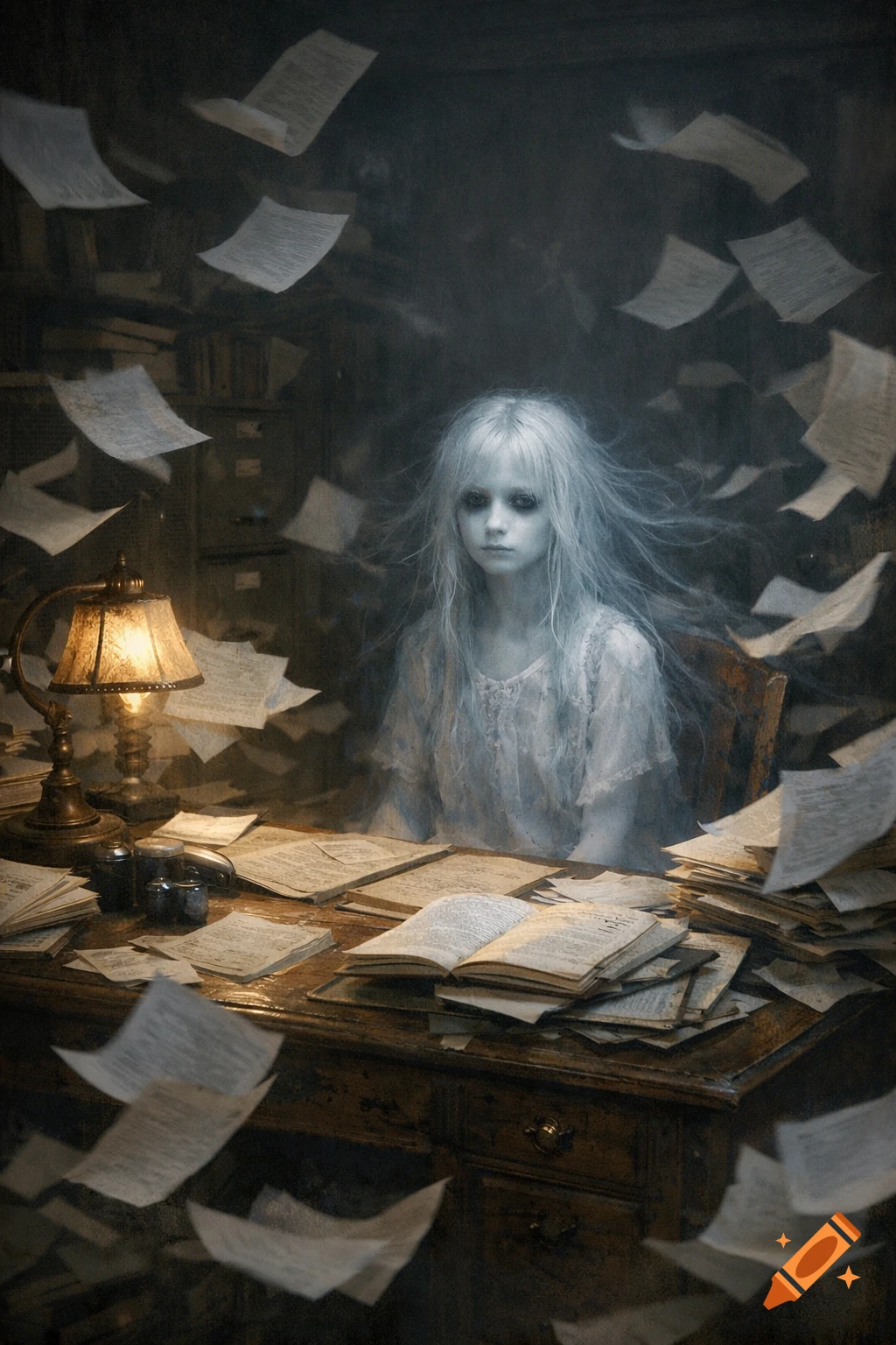 A ghost-like girl with white hair sits at a desk amidst flying papers and open books in a dim, cluttered room, looking blankly.