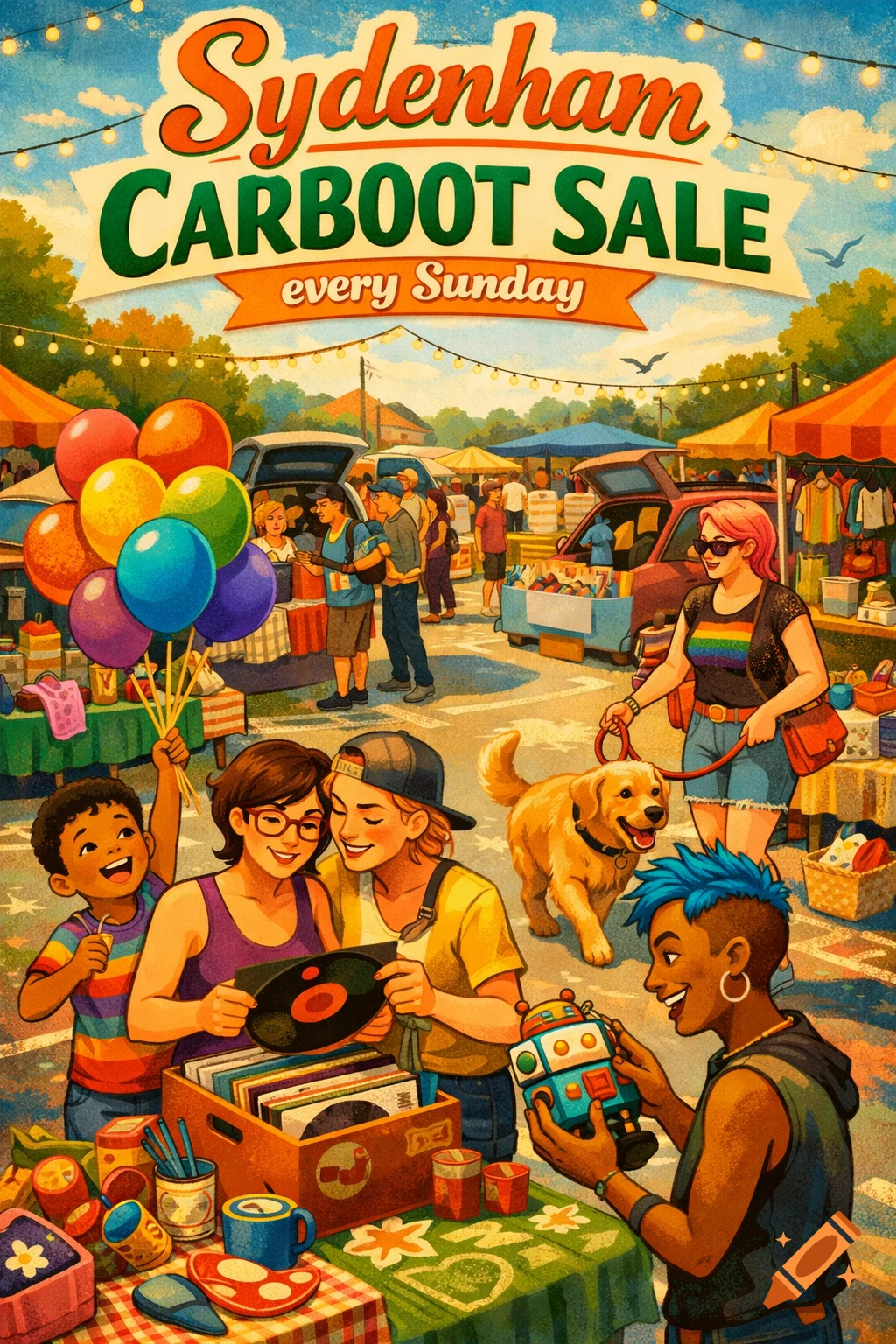 Vibrant poster illustration of a Sydenham Carboot Sale on Sunday, with diverse people browsing stalls, one walking a dog, and a child holding balloons.