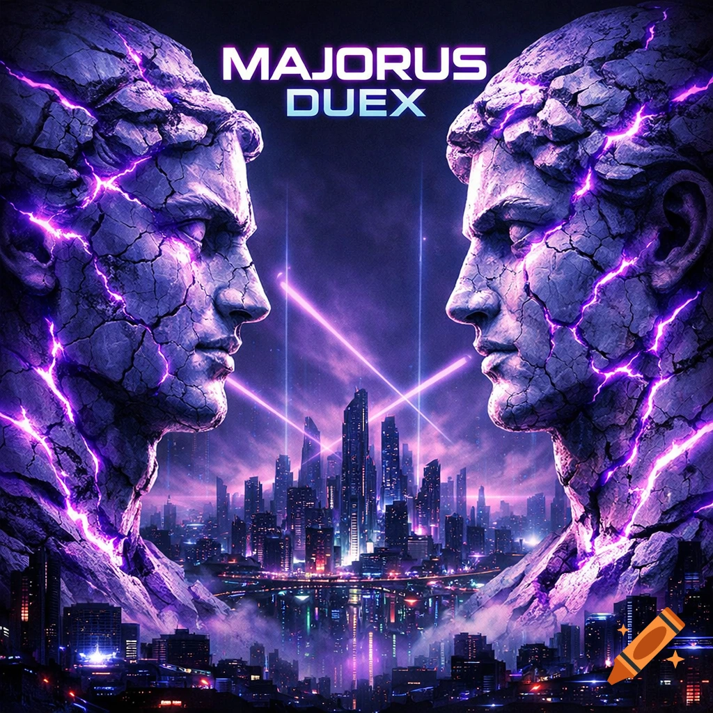 Two cracked marble busts with purple neon energy facing each other over a futuristic cyberpunk city at night, with text 'MAJORUS DUEX'.