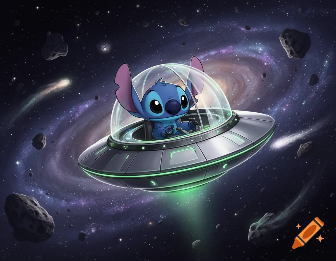 Stitch, the blue alien, happily flies a UFO through a vibrant galaxy filled with asteroids and nebulae in a cartoon style.
