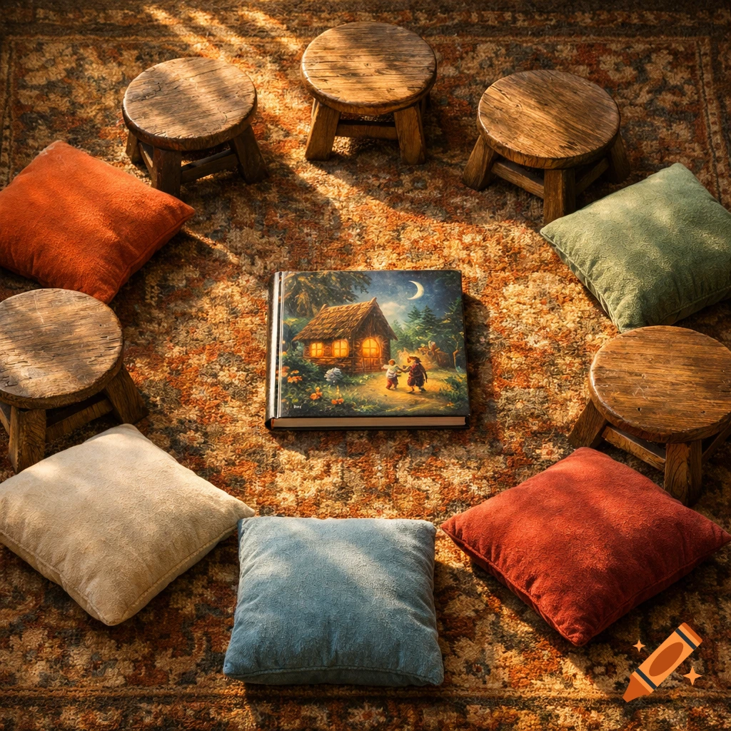 A top-down view of a circle of small wooden stools and colorful cushions on a patterned rug, surrounding a picture book, illuminated by sunlight.