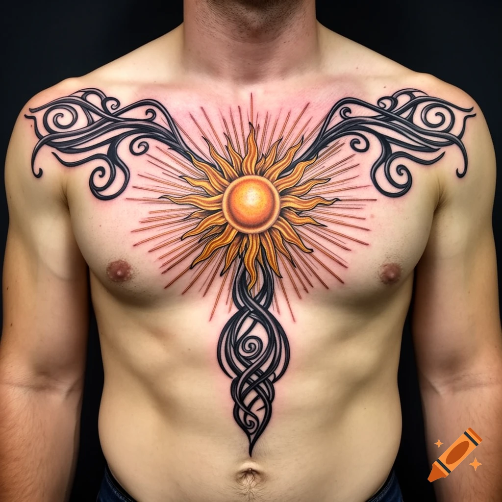 Chest tattoo on a man, depicting a vibrant yellow and orange sun with red rays and intricate black tribal swirls.