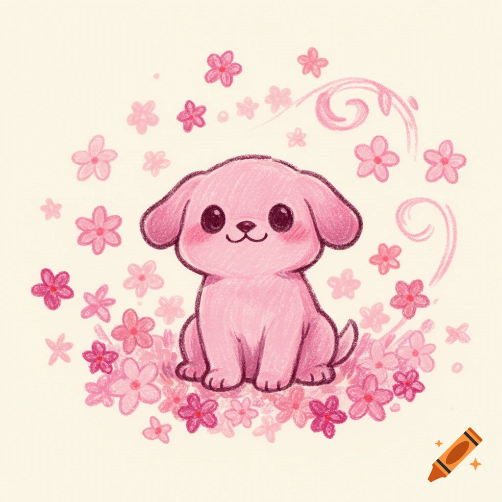 Cute pink puppy with rosy cheeks, sitting among pink flowers in a crayon drawing style.