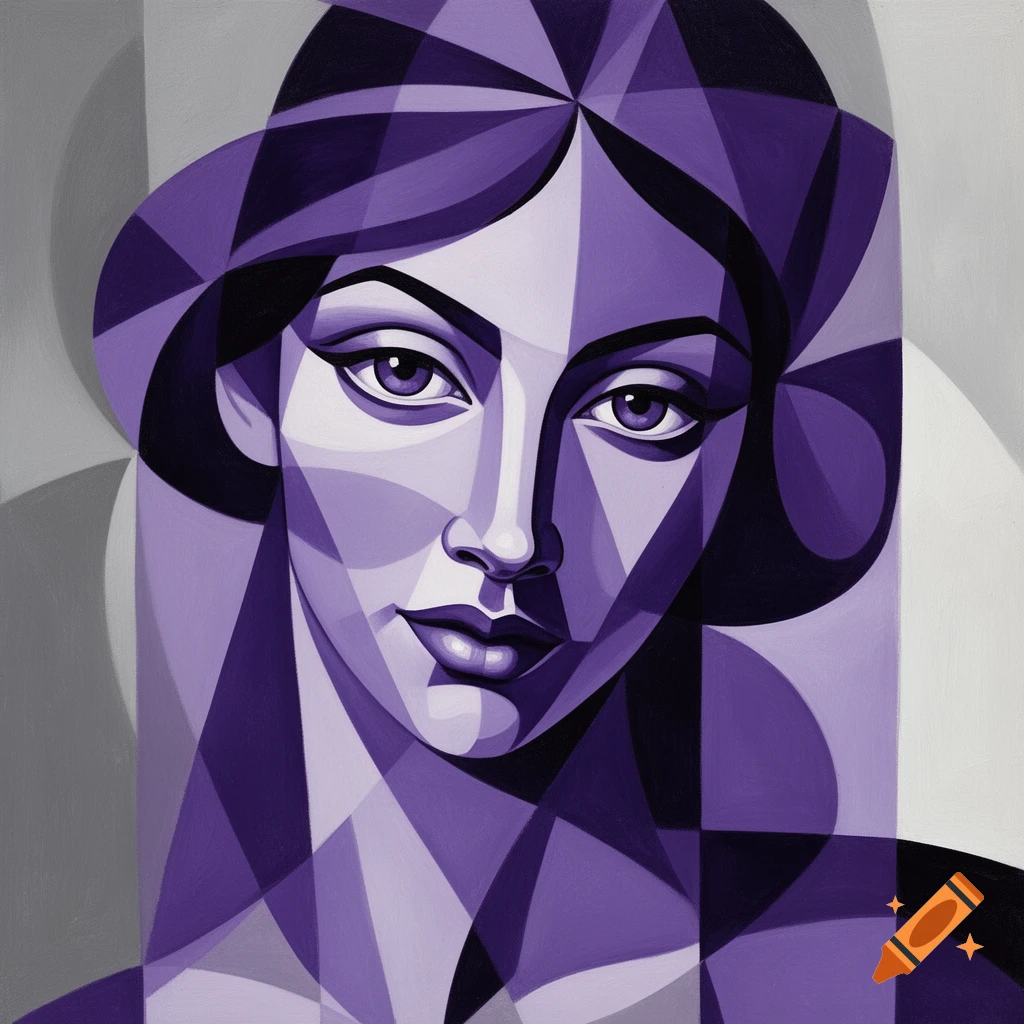 A cubist portrait of a young woman with angular features, rendered in shades of purple and gray.