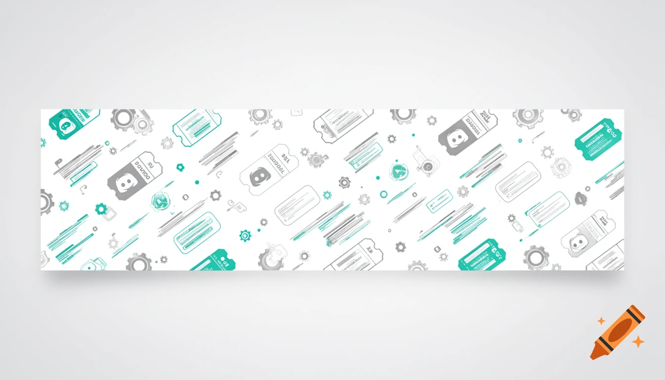 A white banner with a repeating pattern of teal and grey stylized tickets, gears, and abstract shapes.