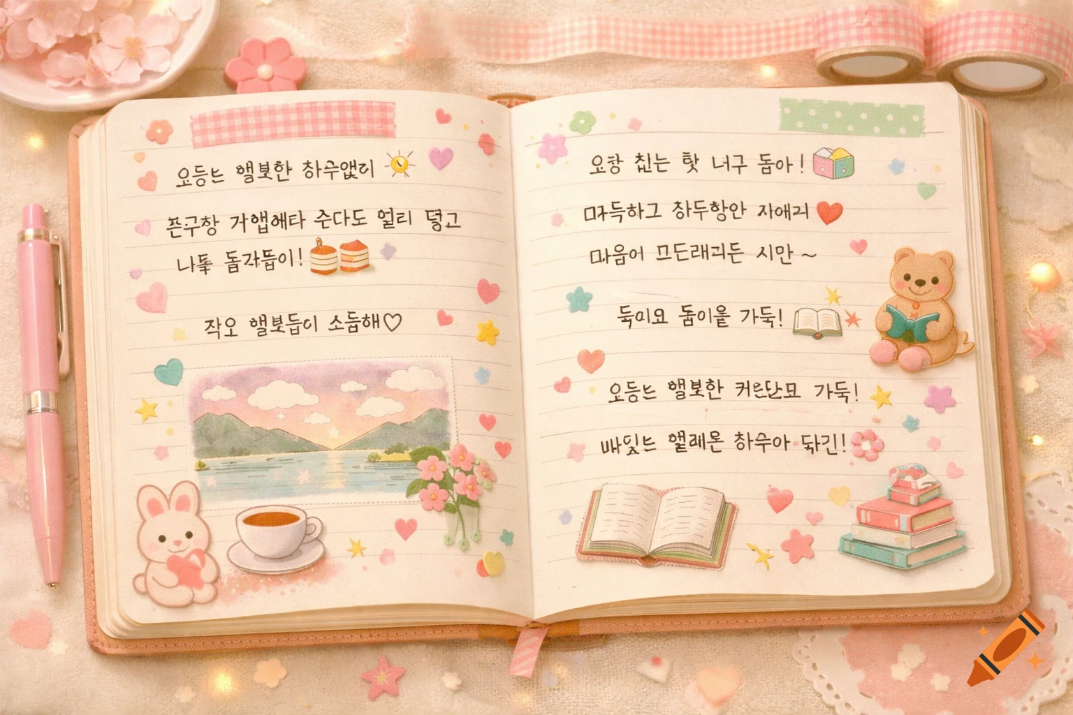 An open, cute, pink-bound journal with handwritten Korean text and stickers, surrounded by a pink pen and washi tape.