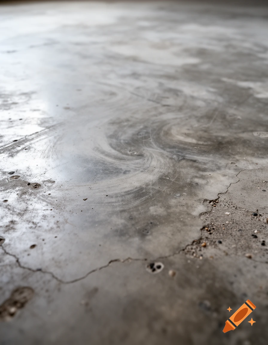 Close-up of a weathered concrete floor with cracks, small pebbles, and faint swirl marks.