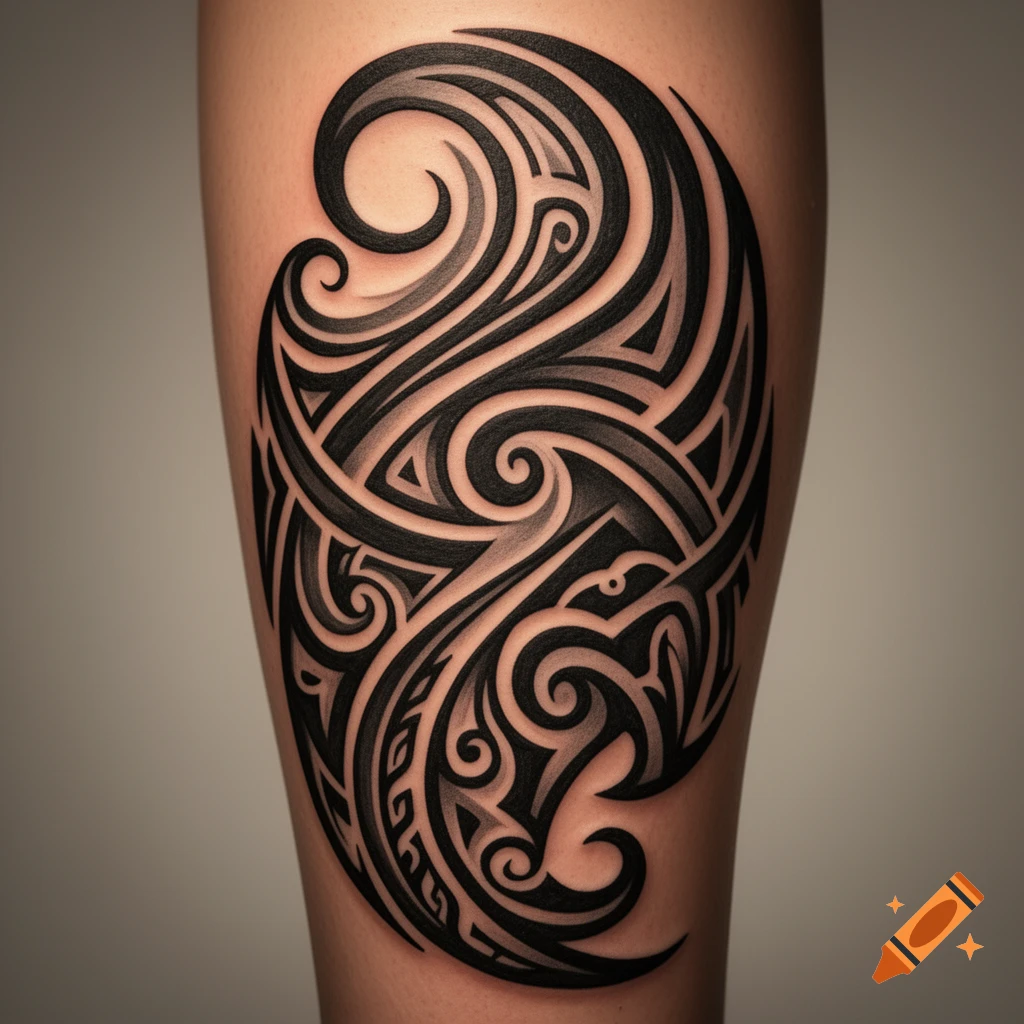 A detailed black tribal style tattoo with intricate swirling patterns on a leg.