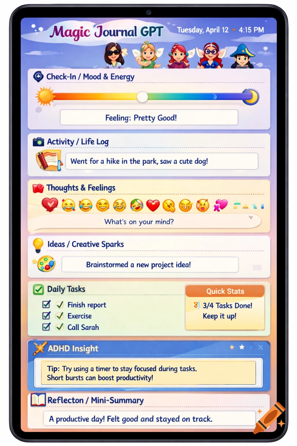A colorful mobile app interface for a "Magic Journal GPT" showing various sections like mood check-in, activity log, daily tasks, and ADHD insights.