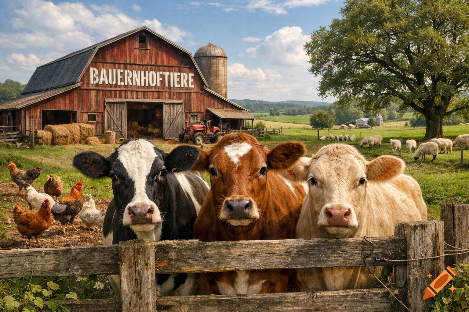 Close-up of three cows peeking over a wooden fence with chickens, a red barn, and sheep in a sunny field behind them.