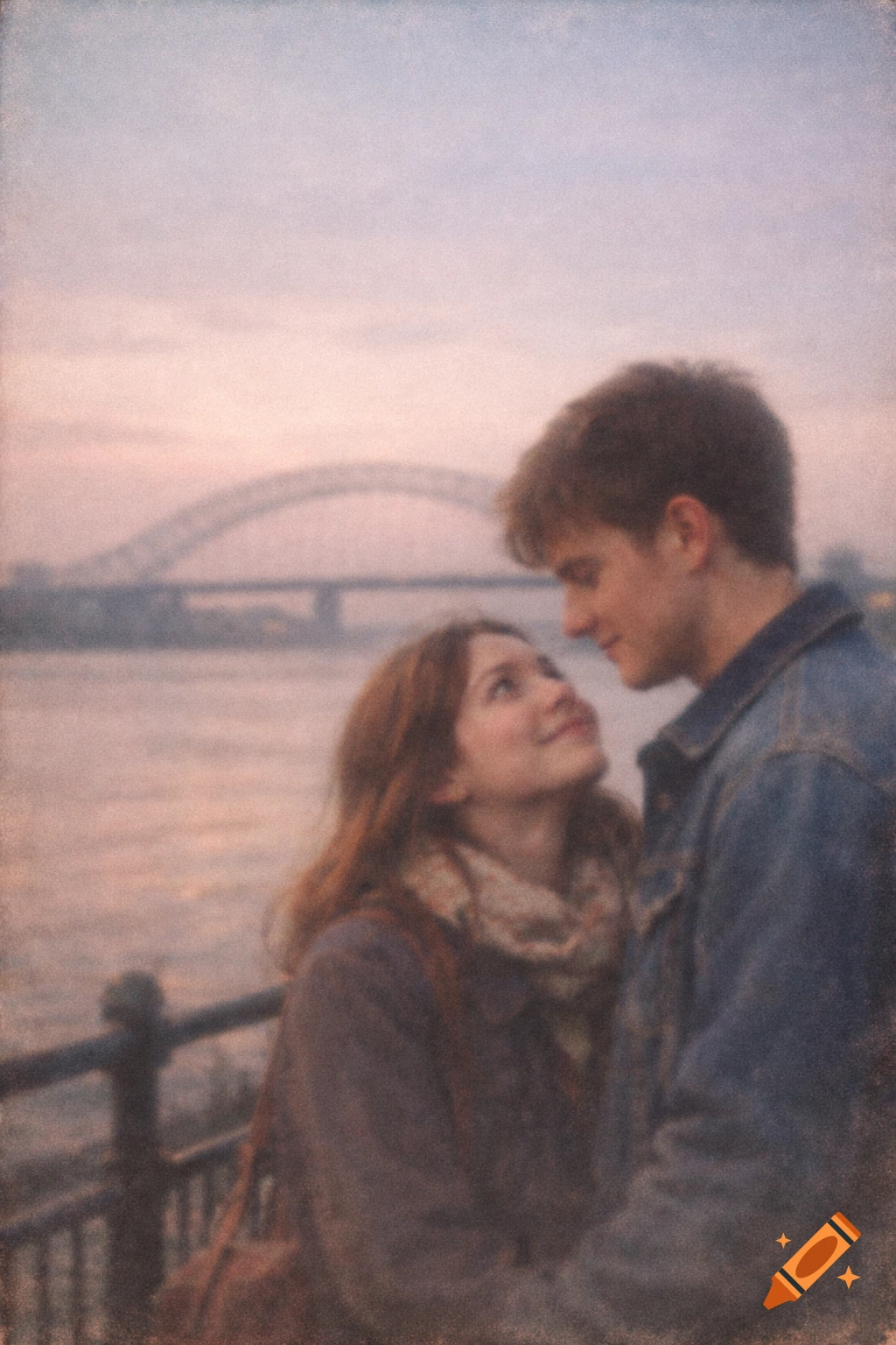 A young couple embracing by a river with a bridge in the background at dusk, in a soft-focus, grainy, nostalgic style.