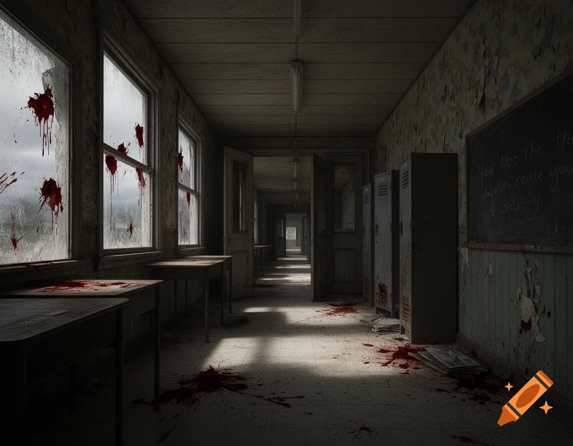 A photorealistic image of a dark, abandoned school hallway with blood splattered on windows, desks, and the floor.