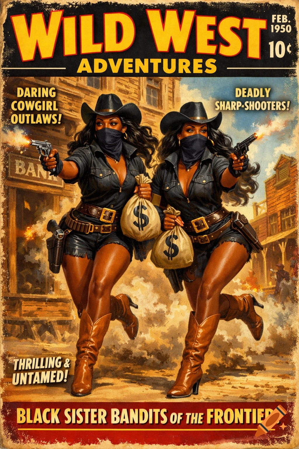 Pulp art magazine cover for "Wild West Adventures" featuring two armed Black cowgirl bandits in black denim and bandanas, firing guns while carrying money bags, against a backdrop of a Western town.