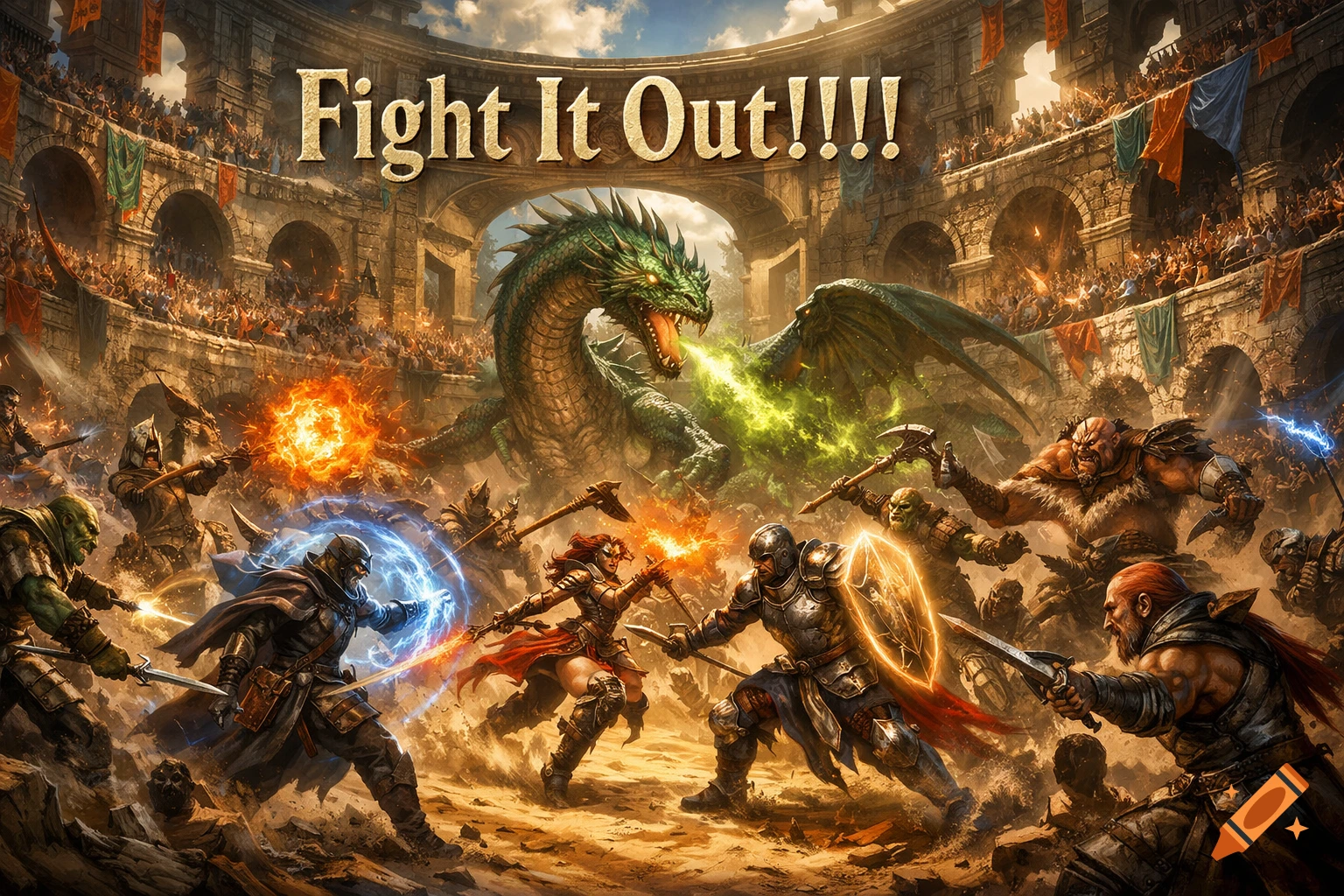 A vibrant fantasy battle in a gladiatorial arena, with a green dragon breathing fire, warriors, and orcs clashing. Text reads 'Fight It Out!!!!' above.