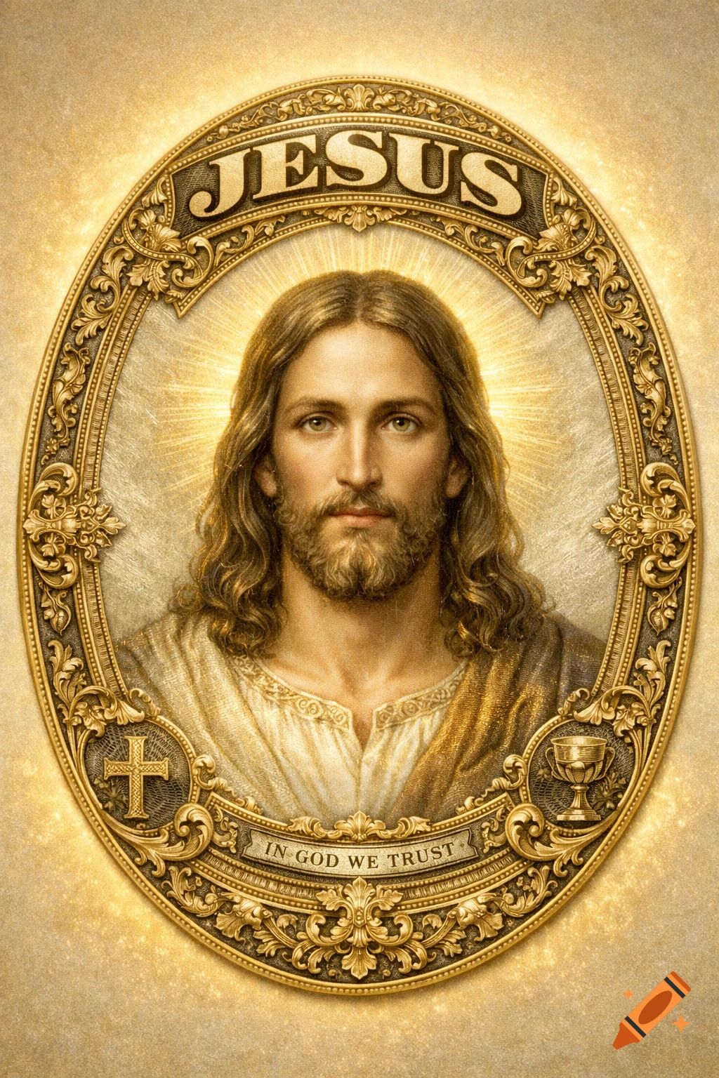 Ornate golden oval frame portrait of Jesus Christ with a halo, featuring 'JESUS' at the top and 'IN GOD WE TRUST' at the bottom.