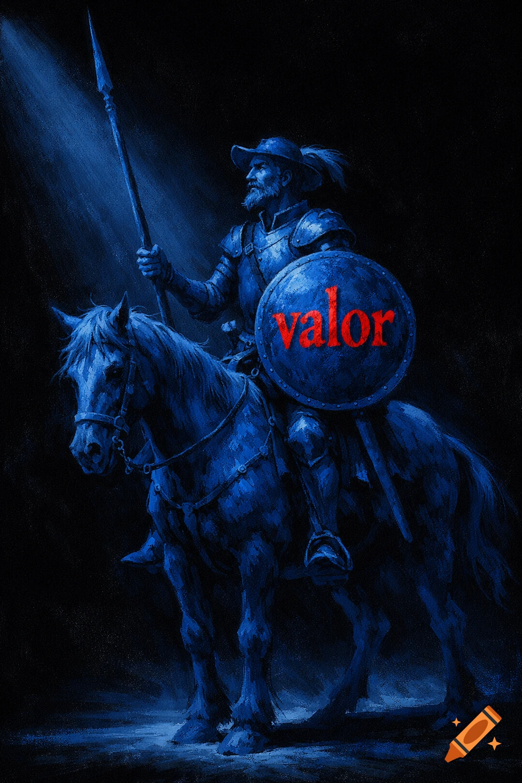 A blue-toned painting of a knight in armor on horseback, holding a spear. A shield with "valor" in red is visible.