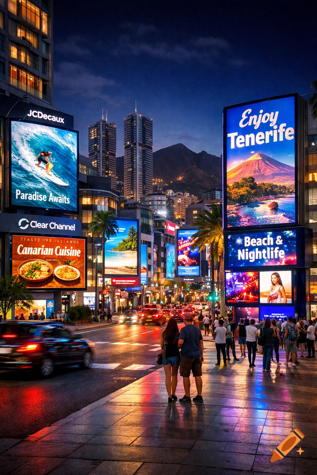 A bustling city street at night with skyscrapers and numerous illuminated digital billboards displaying various advertisements. People walk on sidewalks, and cars drive on the wet street.