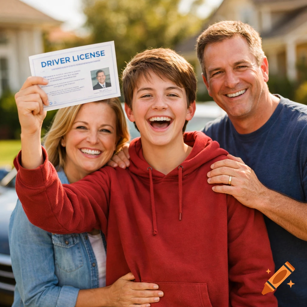 Happy teenager holding a driver's license with proud parents by their side in a suburban neighborhood, photorealistic.