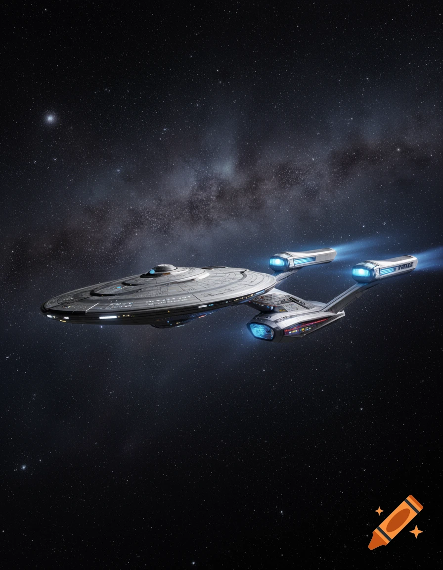 A detailed Star Trek starship, the USS Enterprise, with glowing nacelles, flying through deep space filled with stars and a distant nebula.