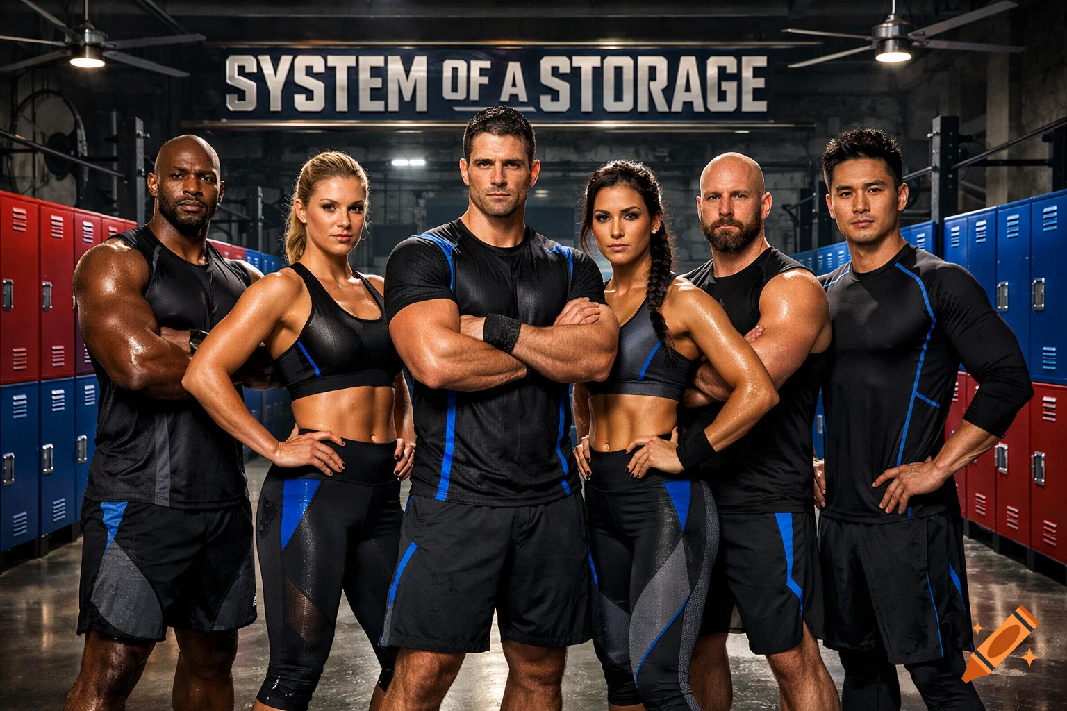 A team of six muscular fitness models, three men and three women, stand confidently in a gym with lockers and the text 'SYSTEM OF A STORAGE' on the wall.