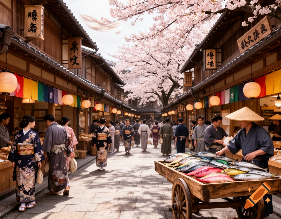 A bustling street in feudal Japan, lined with traditional wooden buildings and cherry blossom trees. People in kimonos walk along the street, and a vendor in a conical hat sells fish from a wooden cart in the foreground.