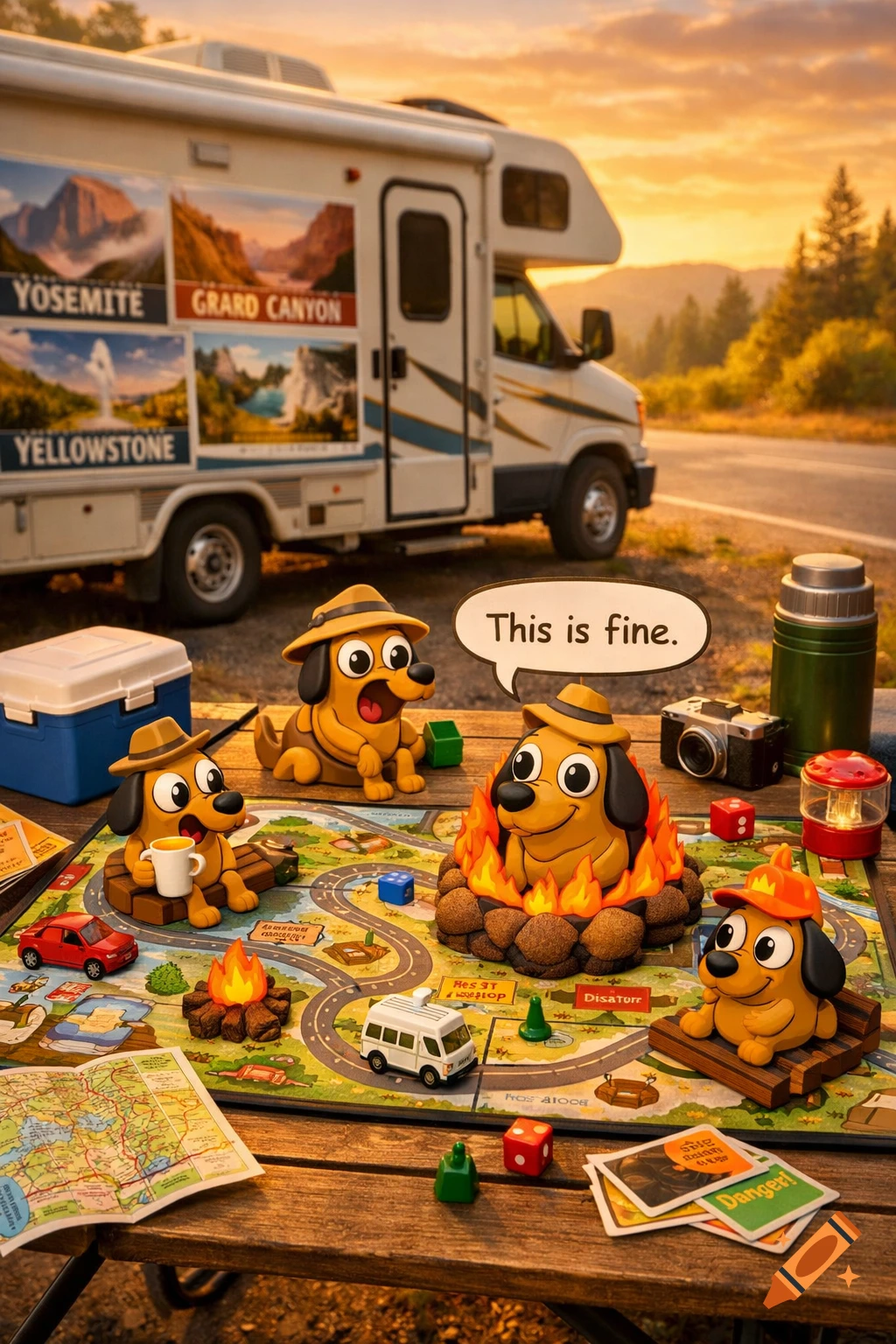 Cartoon dog characters from the "This is Fine" meme playing a board game with an RV in the background at sunset, featuring a dog on fire.