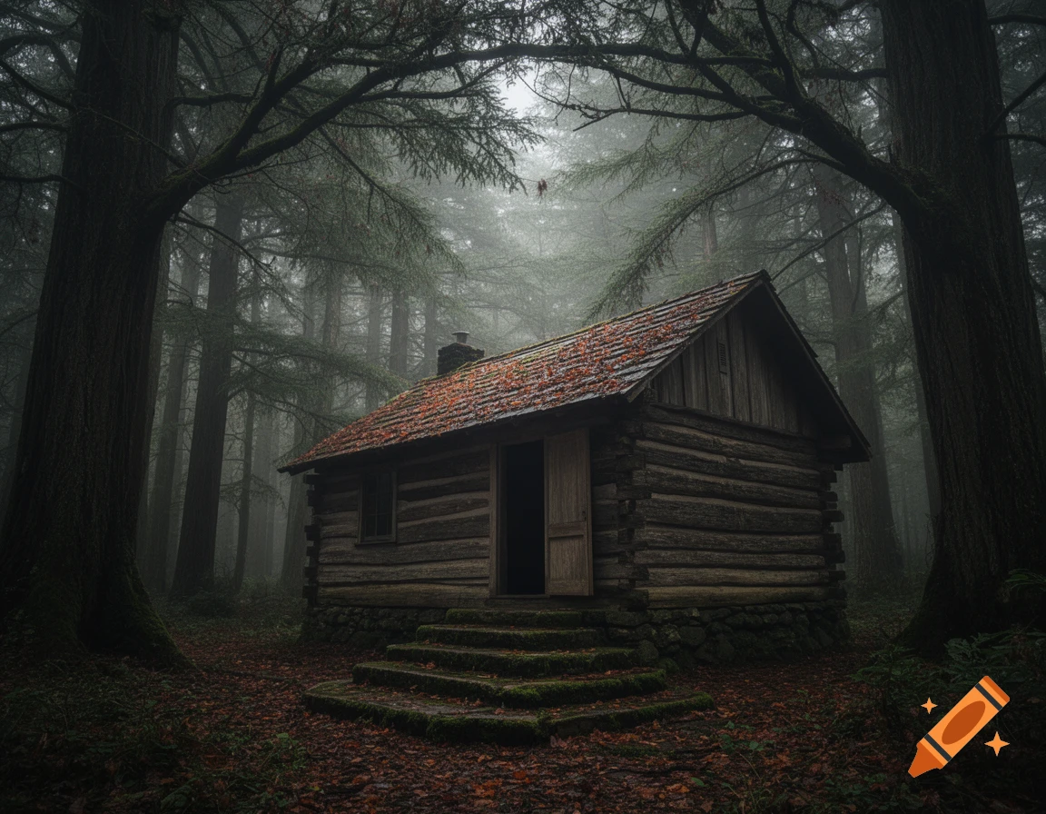 A rustic cabin with a mossy orange roof and stone steps in a dark, misty forest with tall, ancient trees.
