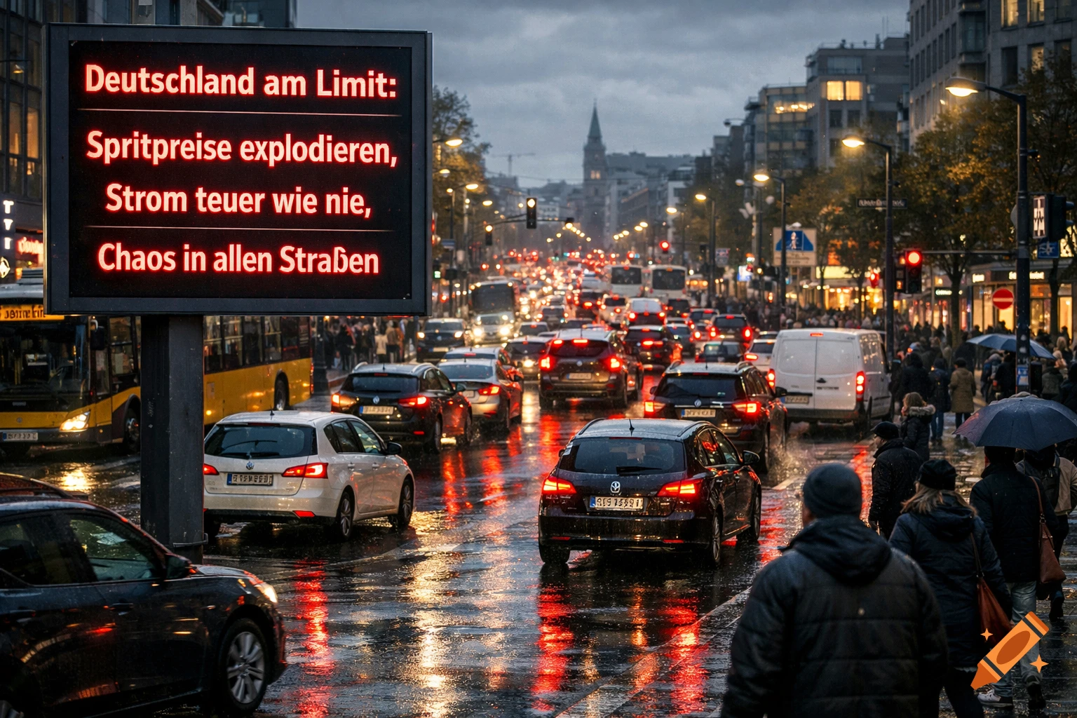 A bustling city street at dusk, wet from rain, with cars, pedestrians, and a large illuminated billboard displaying German text about high prices and chaos.
