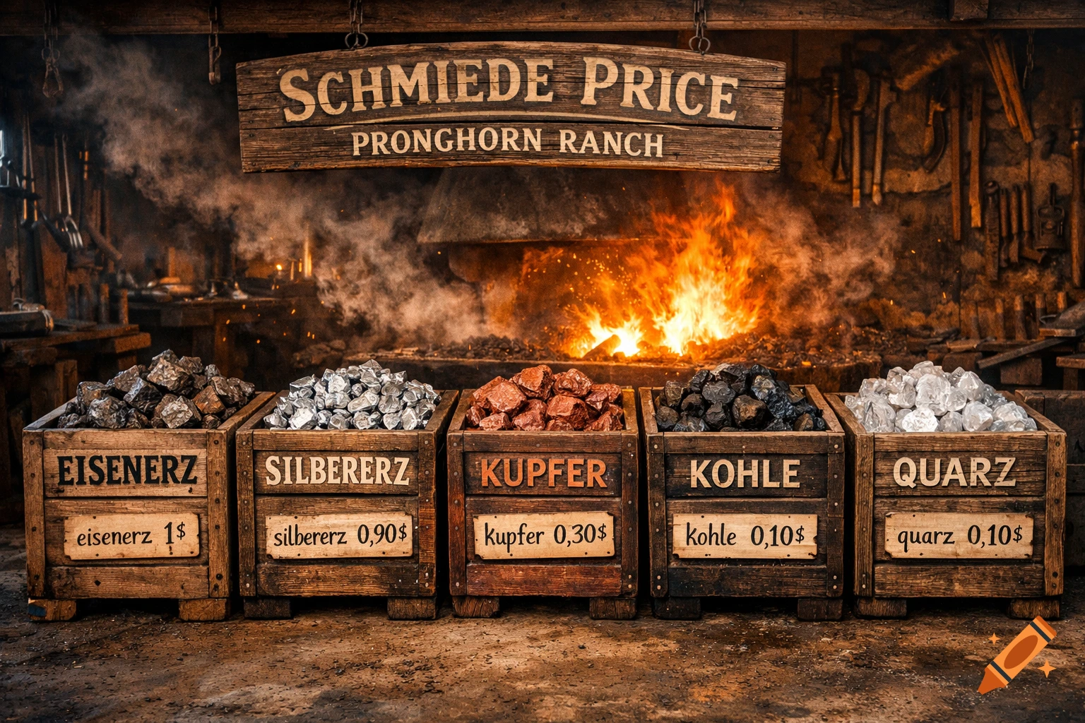A dramatic scene in a blacksmith's forge with five wooden crates holding iron ore, silver ore, copper, coal, and quartz, each labeled with prices. A large, fiery furnace glows in the smoky background under a sign reading "SCHMIEDE PRICE PRONGHORN RANCH".